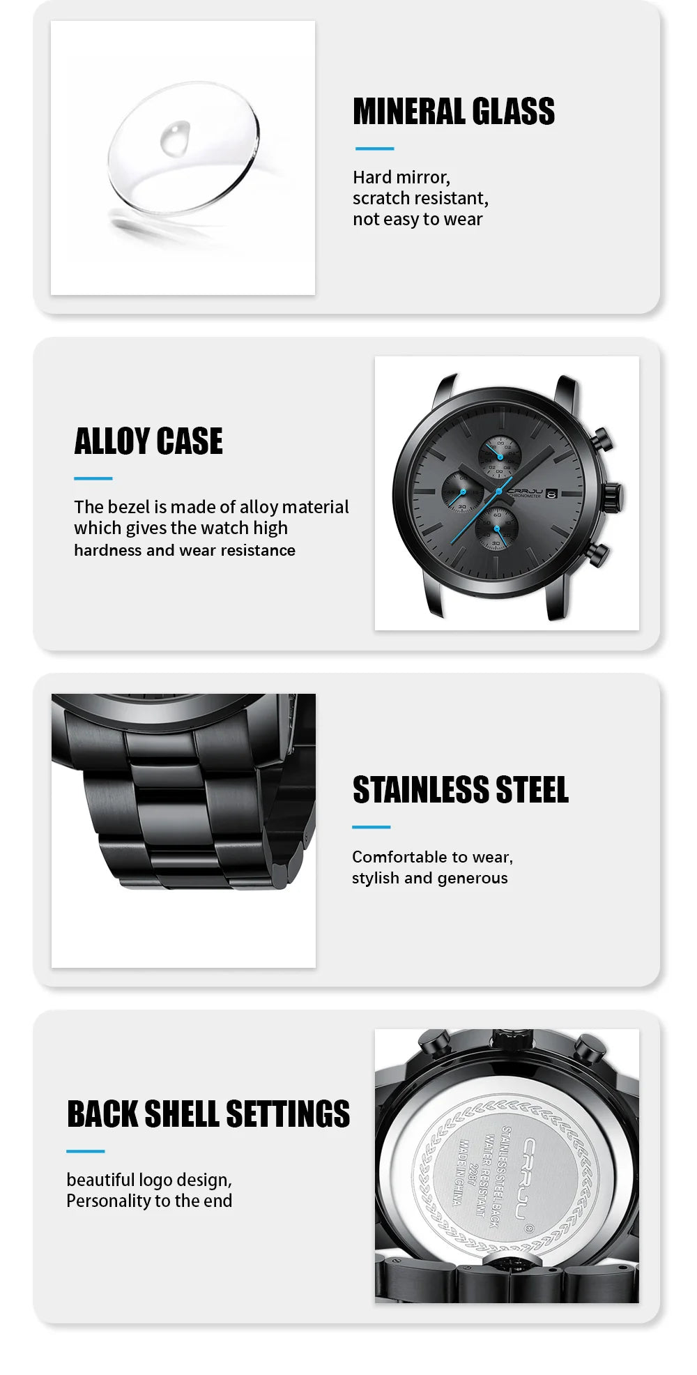 CRRJU Luxury Chronograph Watch - Stainless Steel Business Watch for Men - stay fit