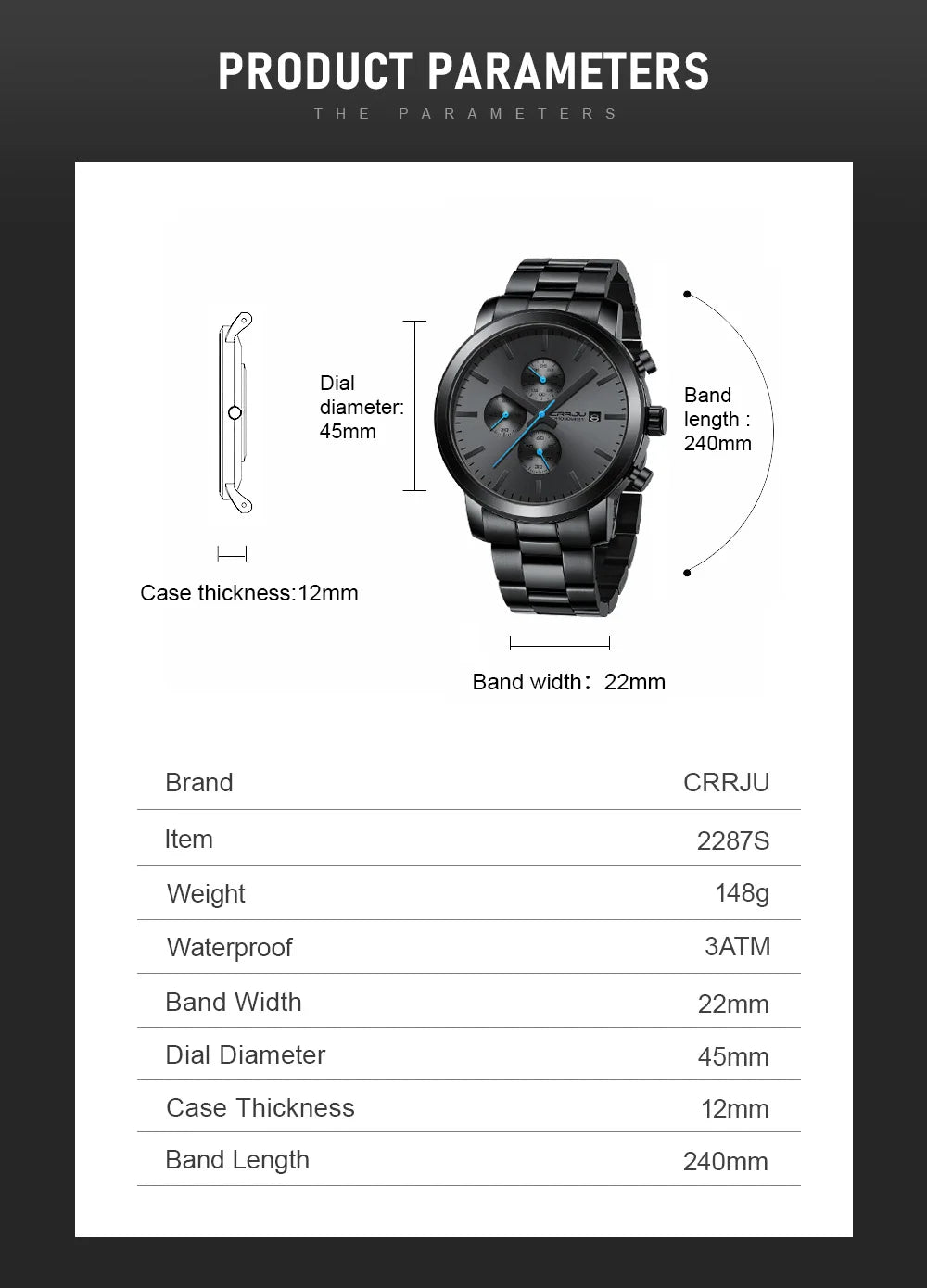 CRRJU Luxury Chronograph Watch - Stainless Steel Business Watch for Men - stay fit