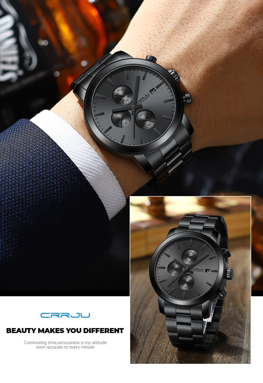 CRRJU Luxury Chronograph Watch - Stainless Steel Business Watch for Men - stay fit